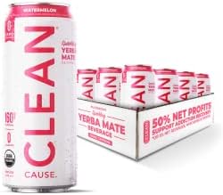 CLEAN Cause Zero Calorie Zero Sugar Watermelon Yerba Mate, Organic Energy Drink Alternative (16oz cans, 12-Pack Case) Zero sugar, Keto Friendly, 160mg Caffeine, Better Alternative to Energy Drinks