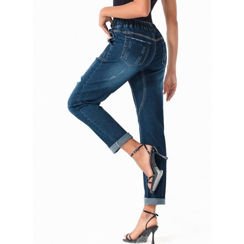 Ripped Pull On Jeans for Women Elastic Waist Cuffed Distressed Mid Rise Straight Leg Jeans Drawstring Denim Pants3