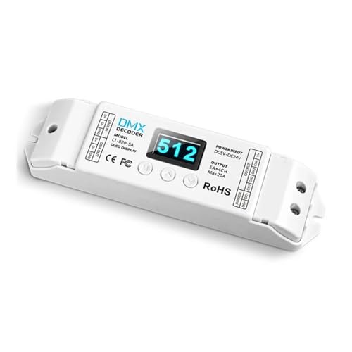 DMX/RDM 4 �`�����l�� CV ��d���f�R�[�_ DC12-24V 4A/CH 20A OLED �f�B�X�v���C DMX512 �X���[�u�ΐF�[�q�|�[�g DIN ���[��(LT-820-5A)