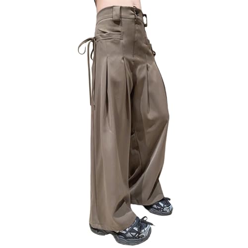 Wide Leg Dress Pants for Girls Casual Baggy Elastic High Waist Pants Kids Loose Fit Trousers with (Khaki, 13 Years)