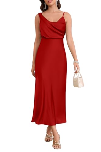 Women's Summer Satin Dress Elegant Cowl Neck Adjustable Spaghetti Strap Wedding Guest Cocktail Party Maxi Dresses