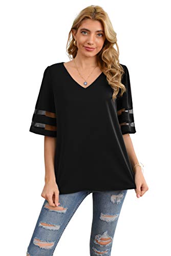 Jouica Women's V Neck Mesh Panel Chiffon 3/4 Bell Sleeve Blouse Top Shirt Tee,Black,X-Large #TOP3