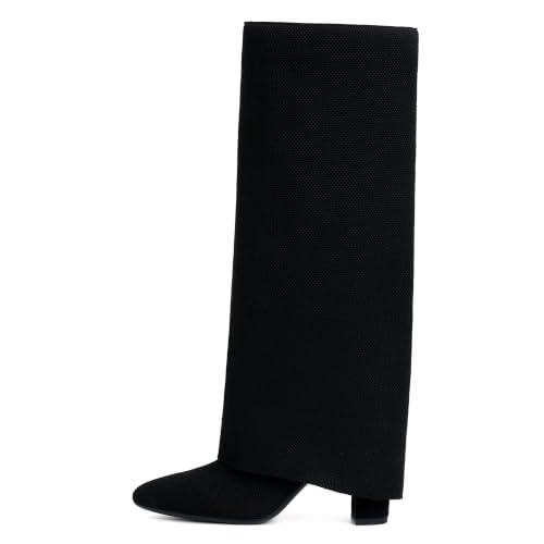 Image of Knee High Boots Women Fold Over Boots Chunky Heel Pointed Toe Tall Boots | Fashion Slouchy Boots,Side Zipper Shark Boots,Fall Spring Winter Fashion Dress Tall Boots,Evening Bridal office Long Boots