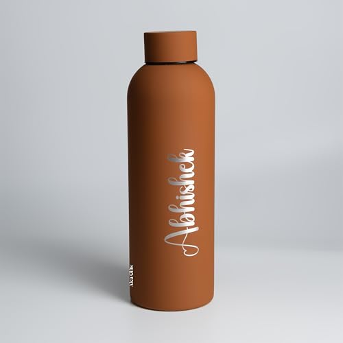 Image of AICA Personalized Name Stainless Steel Water Bottle -500ml - 12 Hrs Hot & 18hHs Cold (Tanbrown) |Customised Gift For Man Woman Girl Boy