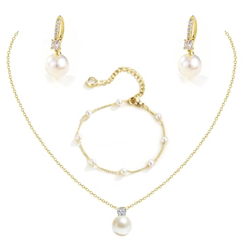 PARIVEA Gold Jewelry Set for Women - Dainty 14K Gold/Silver Pearl Necklaces and Earring Set Pearl Drop Earrings Bracelets Choker Necklace Wedding Bride Jewelry Gifts CG