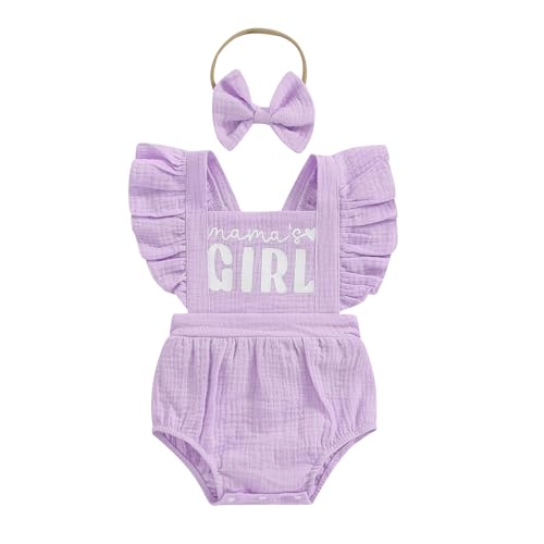 Image of MERSARIPHY Newborn Baby Girl Linen Romper Clothes Ruffle Sleeveless Letter Bubble Jumpsuit Headband Baby Girl Summer Outfits