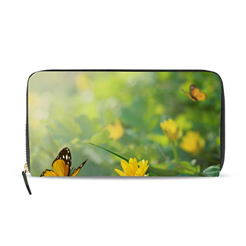 Portefeuille cuir femme motif fleurs jaune et papillon grand format poésie printanière