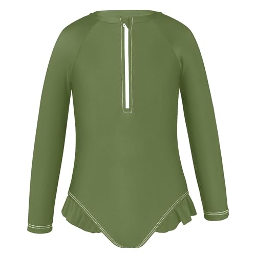 Dark Olive Green Girls Long Sleeve Rashguard Swimsuit UV Protection One-Piece2