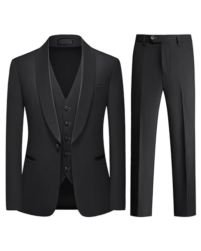 Men's Suit Slim Fit 3 Piece Tuxedo Shawl Collar Blazer Jacket Vest Pants Suit Set for Casual Wedding Prom Formal Wear