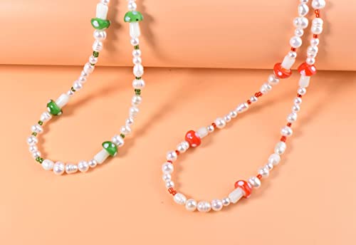 Miss Pink Beaded Pearl Necklace Mushroom Necklace Preppy Choker Red Mushroom Glass Bead Cute Trendy Y2K Necklace For Women Teen Girls Freshwater Pearl Necklace #TOP5