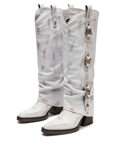 Knee High Boots for Women Cowboy Boot Western Fold Over Chunky Heel Mid Heels Tall Long Dressy Pointed Toe Side Zipper