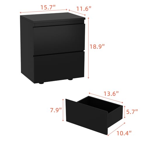 Image of Nightstand with 2 Drawers, Modern Bedroom End Table with No Handle, Wooden Bedside Storage Cabinet, Black 15.7 inch W x 18.9 inch H