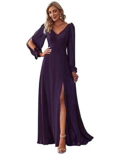 Image of Ever-Pretty Women's Fall Winter Formal Wedding Guest Dress Long Sleeve V Neck Chiffon Floor Length Bridesmaid Dresses 80116