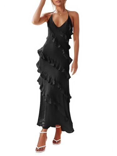 Wenrine Womens Sexy Chiffon Halter Maxi Dress Sleeveless Backless Ruffle Tassel Club Party Dresses Black