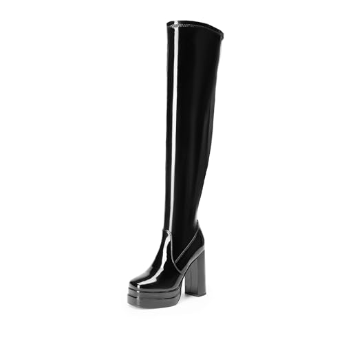 DREAM PAIRS Women's Platform Over The Knee Thigh High Boots Chunky High Heels Square Toe Long Fall Y2K Gogo Boots,Size 8.5,Black-Pat,SDOB2305W