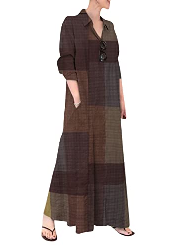 YMING Robe chemise décontractée en coton et lin pour femme - Couleur unie - Grande taille, Plaid marron., XX-Large