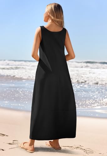 MEROKEETY Women's Casual Maxi Sundress 2025 Summer Beach Dress Scoop Neck Sleeveless Loose Tank Dress, Black, Medium - Image 4
