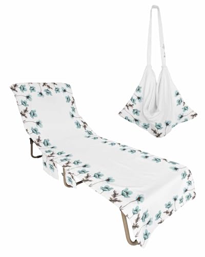 Teal White Flower Beach Chair Towel Covers for Chaise Lounge with Side Pocket, Soft Plush Pool Towels Cover for Patio Sunbathing Outdoor 29''x85'' Elegant Tulip Rustic Floral Vintage Plant