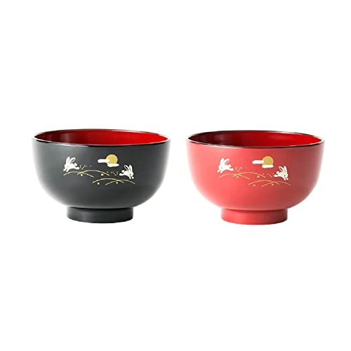 Yamako Ciotola per zuppa di riso e miso della cucina giapponese, resistente imitazione della plastica laccata, design a coniglio, set di 2 ciotole nere e rosse da 400 ml, Made in Japan