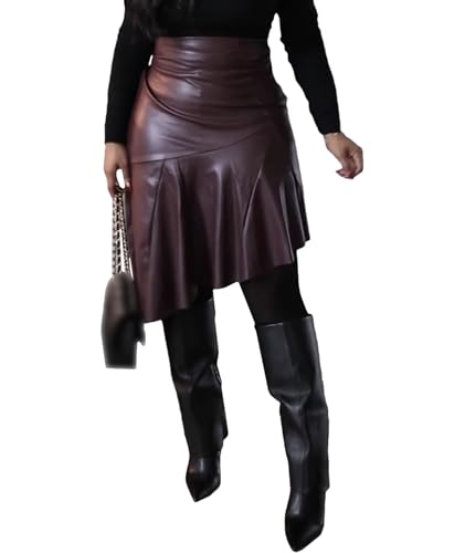 SOMTHRON Women's PU Faux Leather Skirt High Waisted Irregular Ruffle Pleated High Low Midi Skirt3