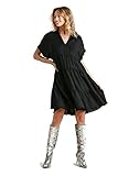 Umgee Women's Collared Ruffle Frayed Hem Tiered Mini Dress (1X, Black)