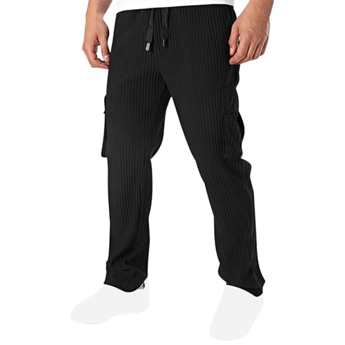 Men 2025 Fall Textured Pant High Elastic Drawstring Casual Pants Multi-Pocket Stretch Sport Sweatpant Solid Trouser