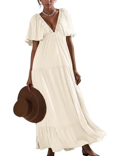 Kikibell Women Summer Dresses Sexy V-Neck Maxi Dress Tiered Silhouette with Flutter Sleeve Backless Elastic Waist Flowy Dress3