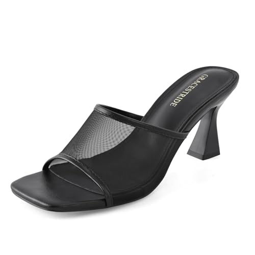Image of Women's Mule Heels Chunky Kitten Heeled Sandals Mesh Slip On Square Toe Comfortable Casual Dress Pumps Shoes