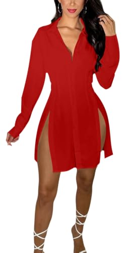 Image of Shirt Dress for Women Sexy Button Down Date Night Dresses Ruched Slit Stand Collar Long Sleeve Blouses