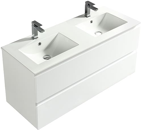 Alpenberger Doppelwaschtisch mit Unterschrank | Doppelwaschbecken Doppelspüle Doppelspülbecken | Waschbeckenunterschrank 120 cm Breit 2 Becken | Badezimmer Waschtisch Weiß | Waschbecken XXL