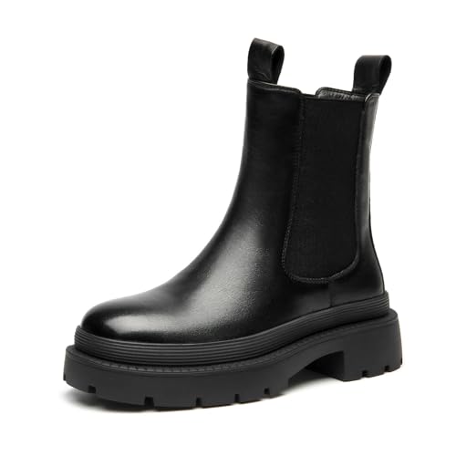 BEAU TODAY Chelsea Boots for Women, Chunky Platform Leather Chelsea Boots Womens Ankle Boots Round Toe Winter Dress Fashion Booties
