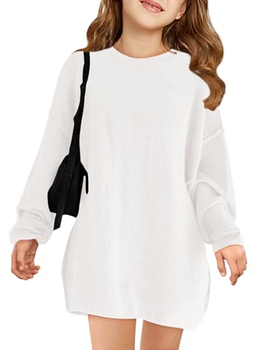 Image of Haloumoning Girls Sweater Dress Casual Crewneck Knit Long Sleeve Fall Winter Dress Pullover 5-14Y White