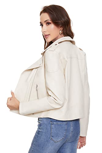 Fahsyee Women's Faux Leather Jackets, Zip Up Motorcycle Short Pu Moto Biker Outwear Fitted Slim Coat White Size L #TOP2