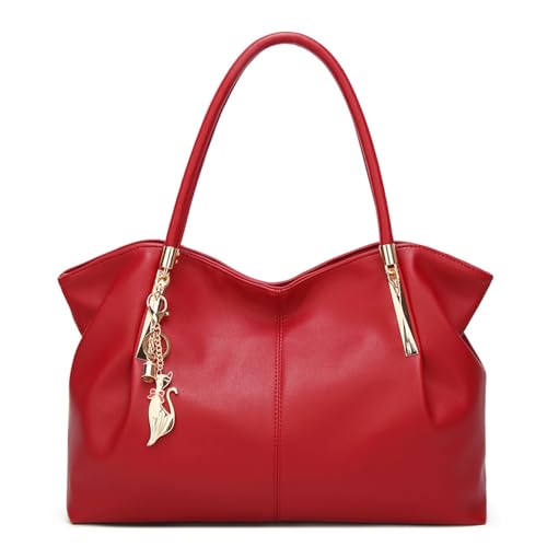 Pahajim Bolsos de Mujer Grande PU Piel Bolso Bandolera Mujer Tote Bag bolso impermeable para Trabajo, Casual, Fiesta, Compras(rojo)
