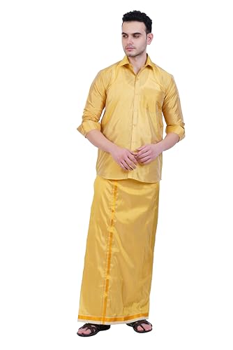 Image of PRAKASAM COTTON-Mens Art Silk Wedding Set /Art Silk 8 Mulam (8-Yard) Dhoti and Stitched Shirt for mens