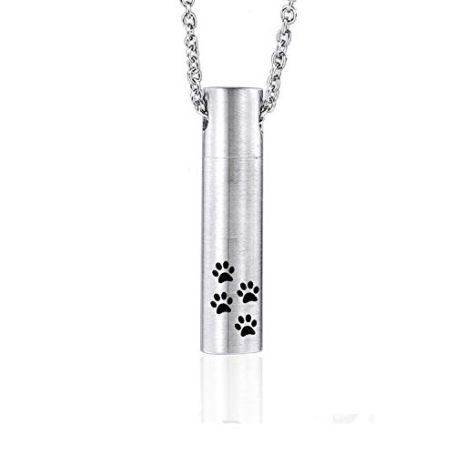 ZDBDH Ashes Necklace for Dog Cat Pet Paw Print Brushes Stainless Steel Bar Cylinder Cremation Pendant Necklace, Cremation Jewelry Keepsake Memorial Bereavement Gift,20