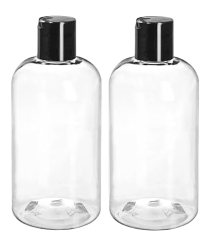 ljdeals 8 oz Clear Plastic Empty Bottles with Black Disc Top Caps, Squeezable Refillable Containers for Shampoo, Lotions, Cream and More, Pack of 2, BPA Free, Made in USA
