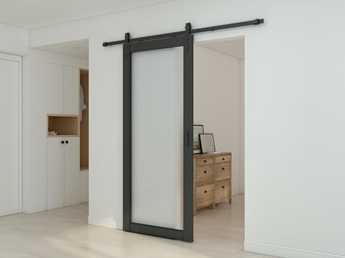 Image of 36 in. x 84 in. 1 Lites Pre Assembled Frosted Glass Black MDF Interior Sliding Barn Door with Hardware Kit Door Handle