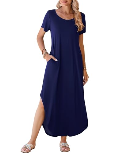 BELAROI Womens Plus Size Maxi Dresses Summer T Shirt Dress Casual Scoop Neck Short Sleeve Long Dress Loose Pockets Split