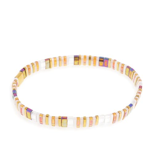 Sonateomber Tila Flat Beaded Bracelets for Women, Trendy Handmade Stackable Pink Colorful Square Beads Miyuk Link Stretch Bracelet Friendship Accessories Fashion Jewelry Gift