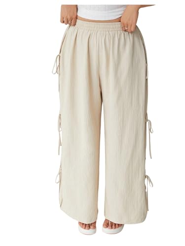 Verdusa Women's Plus Size Pants Elastic High Waisted Wide Leg Tie Side Loose Trousers