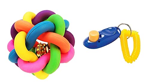 Taiyo Pluss Discovery® Pet Dog Training Clicker & Multicolor Dog Chewable Knot Ball with Jingle Bell Inside, Suitable for Puppy & Medium Dogs (Color May Vary)