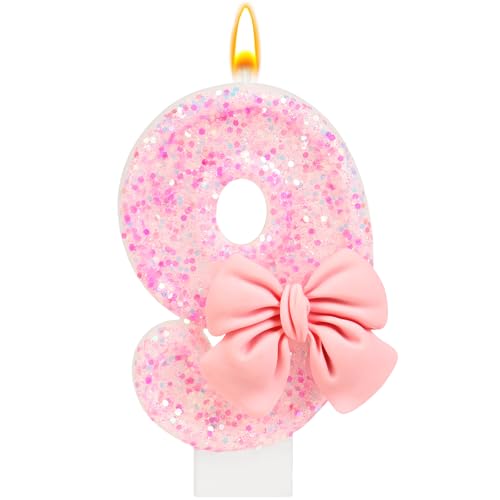Number 9 Birthday Candle Pink Bow Birthday Candles Glitter Candle Cake Topper Happy Birthday Cake Decoration Gifts Anniversary Party Supplies for Girl