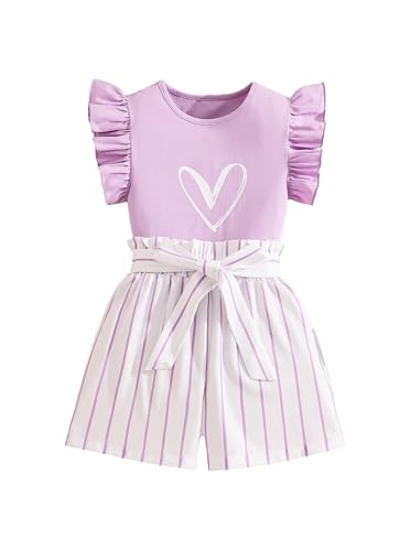 Image of Girls 2 Piece Outfits Summer Ruffle Sleeve Top and High Waisted Striped Shorts Set for Girls 7-14