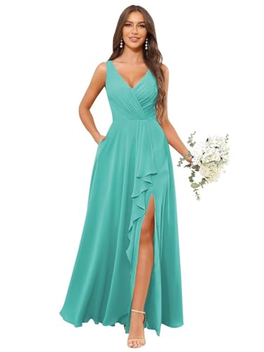 Image of HANVAIOS Long Chiffon V Neck Bridesmaid Dresses for Women Formal Dress with Pocket