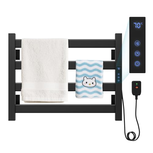 KEOKBON Scaldasalviette elettrico da bagno, 520 x 400 mm, temperatura costante 35 – 70 °C, timer da 1 – 24 ore, 85 W, nero