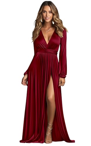 BOLENSYE Long Sleeve Bridesmaid Dresses for Wedding Satin V Neck Formal Dress Ruched Evening Gown with Slit2