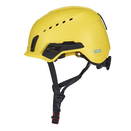 MSA 10242815 V-Gard H2 Pro Safety Type 2 Helmet with Comfortable Fas-Trac III Ratchet Suspension | Push-Button Accessory Rail and Universal Lighting Clips | MIPS® | Vented, Standard Size in Yellow