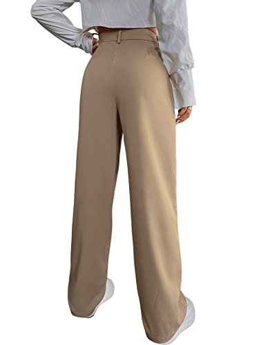 SweatyRocks Women's Casual Button Front Pleated Pants Solid Wide Leg Loose Pocket Pants2