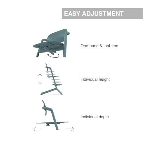 Image of Cybex LEMO Toddler High Chair with Modern Design, Easy One Hand Depth and Height Adjustment, Anti-Top Wheels, and Easy Assembly, Convertible to Adult Chair - Stone Blue